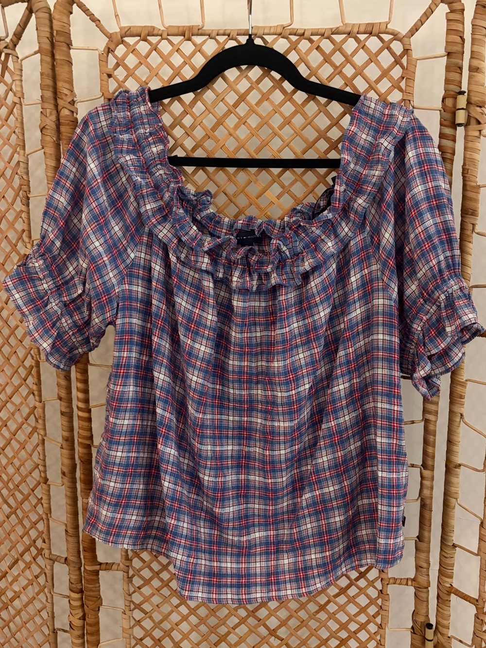 Tommy Hilfiger Women’s Blue Plaid Ruffle-Neck Blouse